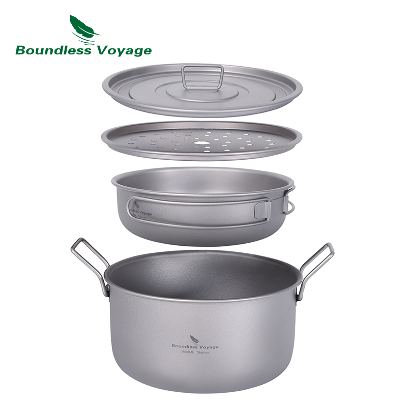 Boundless Voyage มัลติฟังก์ชั่ไทเทเนียม Steamer หม้อซุปชุดกระทะพร้อมฝาปิดกลางแจ้ง Camping Saucepan Mess ชุด Ti2057C