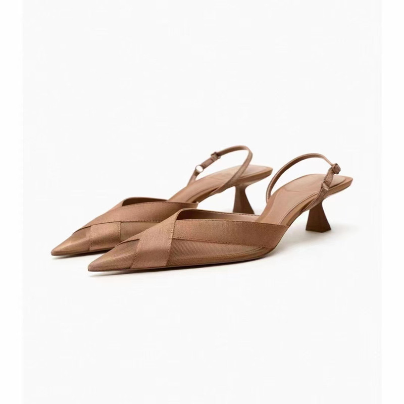 ZARA ซาร่า ฤดูร้อนใหม่สีน้ําตาลส้นสูงชี้รองเท้าผู้หญิง