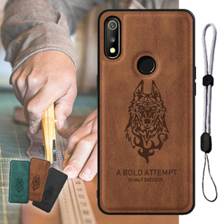 เคสหนัง ลายหมาป่า หรูหรา พร้อมเชือกคล้องโทรศัพท์ ปรับได้ สําหรับ Realme 3 3i