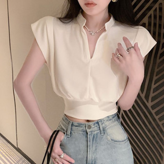 เสื้อยืดแขนกุด คอวี ทรงหลวม สีขาว แฟชั่นฤดูร้อน สไตล์ฝรั่งเศส สําหรับผู้หญิง