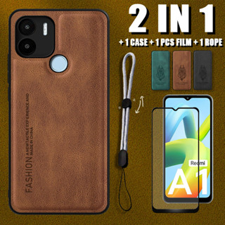 เคสหนังหรูหรา 2 IN 1 สําหรับ Redmi A1 Plus A2 Plus พร้อมตัวป้องกันหน้าจอเซรามิค และเชือกปรับได้