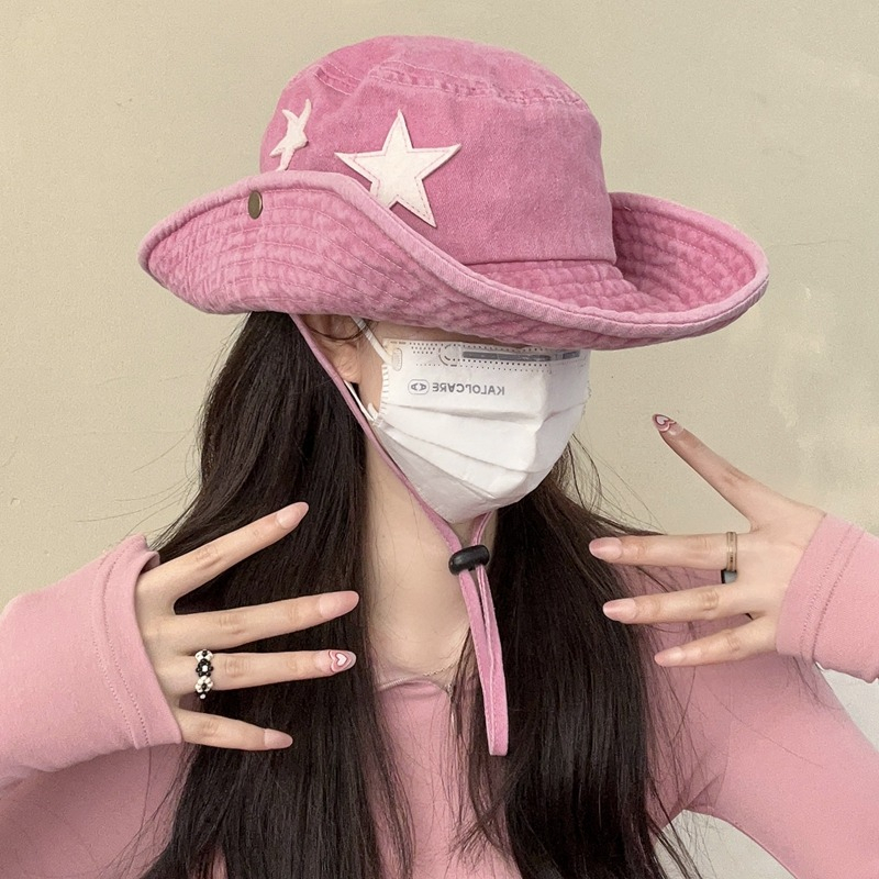 Pink Star Western หมวกคาวบอยหญิงฤดูร้อน All-Match Drawstring Bucket หมวกกลางแจ้ง Sunshade Mountaineering หมวก Fema
