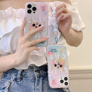 เคสโทรศัพท์มือถือ PC แข็ง ลายการ์ตูนแมวน่ารัก ไล่โทนสี สีฟ้า ขาว พร้อมสายโซ่ลูกปัด สําหรับ iPhone 14 Pro max case 13 Pro max 12 Pro max 14 Pro 13 Pro 12 Pro 11 12 13 14 เคสป้องกัน