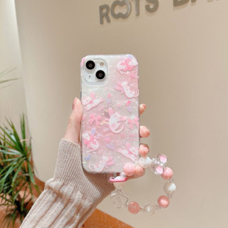 เคสโทรศัพท์มือถือ PC แข็ง ลายการ์ตูนลูกสุนัข ลูกแมว สีชมพู พร้อมสายโซ่ลูกปัด สําหรับ iPhone 14 Pro max case 13 Pro max 12 Pro max 14 Pro 13 Pro 12 Pro 11 12 13 14 เคส