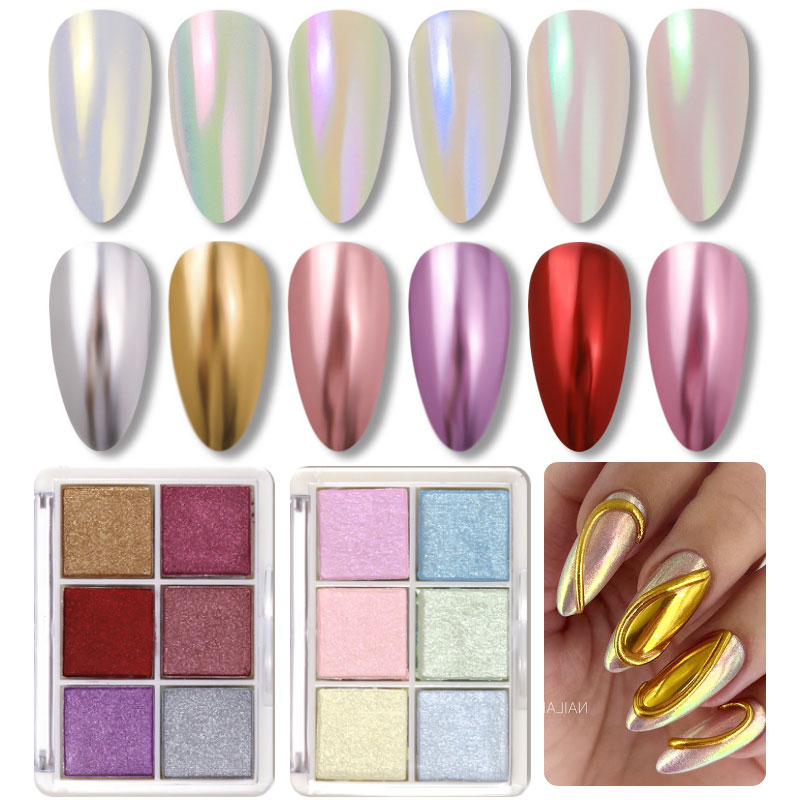 ชุดผงกลิตเตอร์โฮโลแกรม ออโรร่า สีพื้น สําหรับตกแต่งเล็บ 6 สี