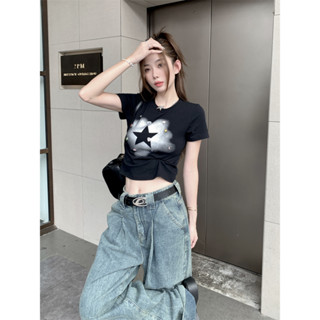 เสื้อยืดแขนสั้น เข้ารูป พิมพ์ลายดาว ประดับอัญมณี สไตล์อเมริกัน