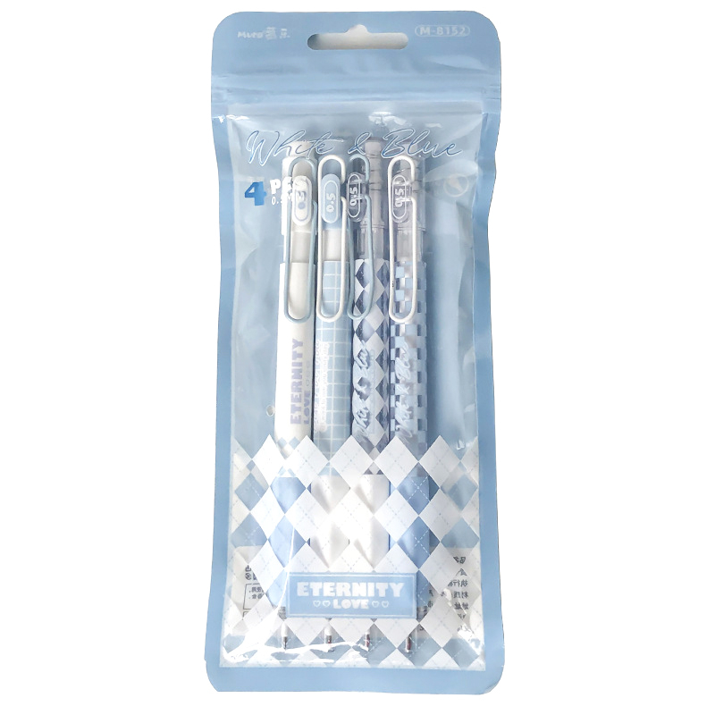 ปากกาเจล ลายตารางหมากรุก หมึกสีดํา 0.5 มม. สีฟ้า และสีขาว สร้างสรรค์ สําหรับสํานักงาน 4 ชิ้น