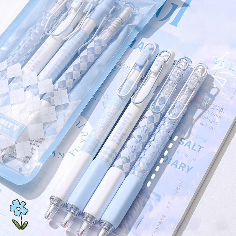 ปากกาเจล ลายตารางหมากรุก หมึกสีดํา 0.5 มม. สีฟ้า และสีขาว สร้างสรรค์ สําหรับสํานักงาน 4 ชิ้น