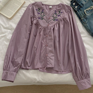 เสื้อเชิ้ตแขนยาว ทรงหลวม ปักลายดอกไม้ สไตล์เกาหลี สําหรับผู้หญิง