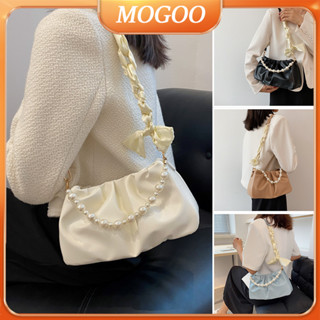 🔹MOGOO🔸กระเป๋าสะพายไหล่ แต่งจับจีบ ประดับไข่มุก สีขาว สไตล์เกาหลี สําหรับผู้หญิง