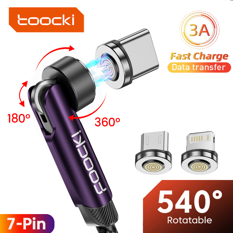 Toocki 540° หมุน สายเคเบิลแม่เหล็ก 3A ชาร์จเร็ว Micro USB Type C สายเคเบิล สําหรับ Xiaomi ที่ชาร์จแม่เหล็ก โทรศัพท์ ข้อมูล USB สายไฟ