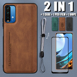 2 IN 1 เคสหนังนิ่ม หรูหรา พร้อมฟิล์มเซรามิค และสายคล้อง ปรับได้ สําหรับ Redmi 9T