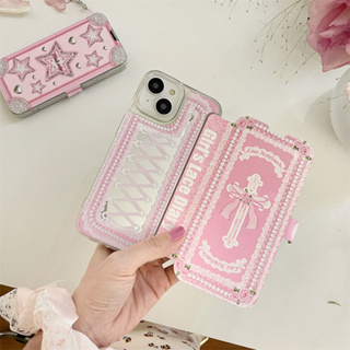 เคสโทรศัพท์มือถือ แบบฝาพับ ลายลูกไม้ ดาว พร้อมสายโซ่คล้อง ป้องกันกล้อง สําหรับ iPhone 14 13 12 11 Pro Max