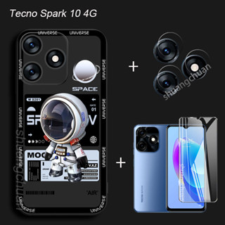 3in1 สําหรับ Tecno Spark 10 เคสโทรศัพท์ ฟิล์มกระจกใส + ฟิล์มเลนส์กล้อง + เคสโทรศัพท์ การ์ตูนนักบินอวกาศ อวกาศ แบรนด์อินเทรนด์ กันกระแทก นิ่ม TPU