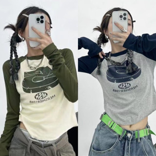 【COD &amp; พร้อมส่ง】เสื้อยืดคอกลม แขนยาว สีตัดกัน สไตล์เกาหลี สําหรับผู้หญิง Y2k 2023