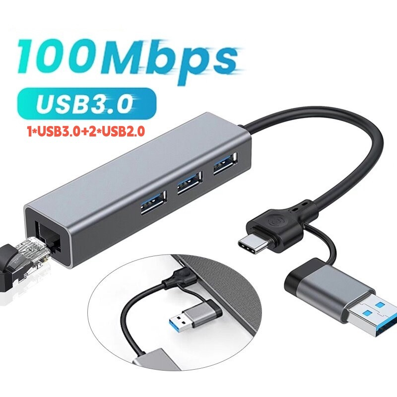 อะแดปเตอร์ฮับ USB Type C เป็น LAN 3 พอร์ต USB 3.0 พร้อมอะแดปเตอร์อีเธอร์เน็ต RJ45 LAN 100/1000Mbps สําหรับคอมพิวเตอร์ Windows 10 11 Mac OS