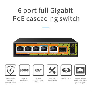 Poe สวิตช์ขยาย 6 พอร์ต สวิตช์เครือข่าย gigabit สําหรับระบบ IPC และ CCTV พร้อม 1000Mbps