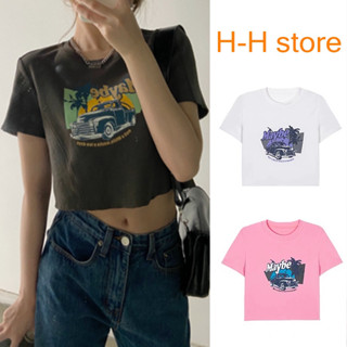 【H-Hstore】เสื้อครอปแขนสั้น ทรงหลวม พิมพ์ลาย สไตล์เกาหลี