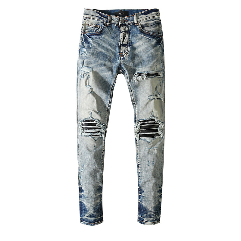 Amiri High Street แฟชั่นผู้ชายกางเกงยีนส์วินเทจสีฟ้าอ่อนหนังสีดำแพทช์กางเกงยีนส์ผู้ชาย