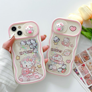 เคสโทรศัพท์มือถือแบบนิ่ม TPU มีทรายไหล แต่งกลิตเตอร์ ลายเฮลโลคิตตี อวกาศ 3D สีชมพู พร้อมตัวเลื่อนปิดกล้อง สําหรับ iPhone 14 13 12 Pro Max 11