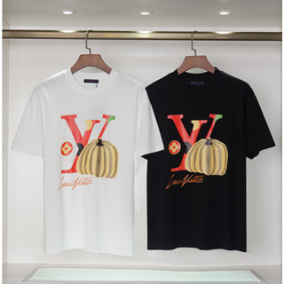 เสื้อยืดแขนสั้น ผ้าฝ้าย พิมพ์ลาย Louis V L&amp;V แฟชั่นสําหรับผู้ชาย และผู้หญิง