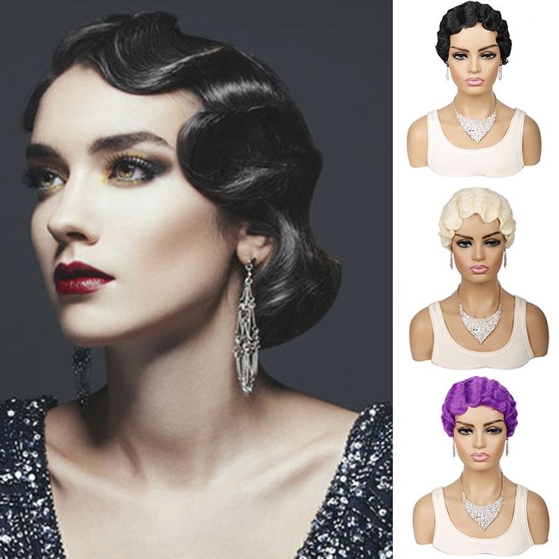 Super Short Wigs Retro Cute Water Wave Full Hair Wig Natural Black Blond Red Synthetic Cosplay Wigs 