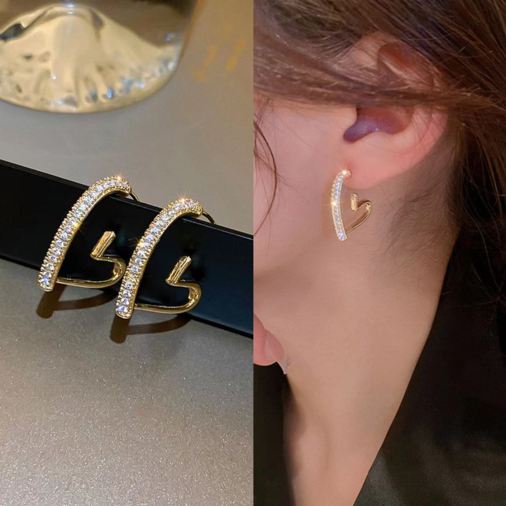 ต่างหู จี้รูปหัวใจ ประดับเพชรเทียม แบบเรียบง่าย สไตล์เกาหลี