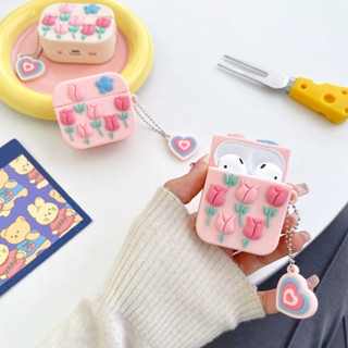 เคสหูฟังบลูทูธ ซิลิโคน ลายการ์ตูนดอกทิวลิป พร้อมจี้สายคล้อง สําหรับ airpods 1 2 pro