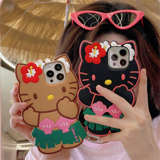 เคสโทรศัพท์มือถือ ซิลิโคน ลายการ์ตูนเฮลโลคิตตี หญ้า สไตล์ฮาวาย สําหรับ Iphone 14 13 12 11 Pro Max