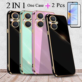 2 IN 1 OPPO Reno 7Z Reno 8Z เคสเคลือบไฟฟ้า ขอบตรง พร้อมตัวป้องกันหน้าจอเซรามิค สองชิ้น