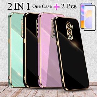 2 IN 1 OPPO Reno 2F Reno 2Z เคสชุบขอบทอง พร้อมกระจกนิรภัยโค้ง ป้องกันหน้าจอเซรามิค