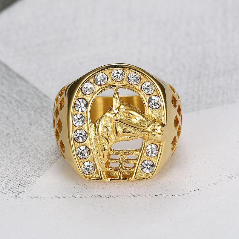 คุณภาพสูงสุด Multi-ขัดเงา Mens 316L Stainless Steel 18k Gold plated Horseshoe Ring Size 7-15