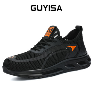 Guyisa รองเท้าเซฟตี้ผู้ชาย หัวเหล็ก ป้องกันการกระแทก และการเจาะ น้ําหนักเบา และระบายอากาศ สีดํา พื้นรองเท้า TPU กันลื่น