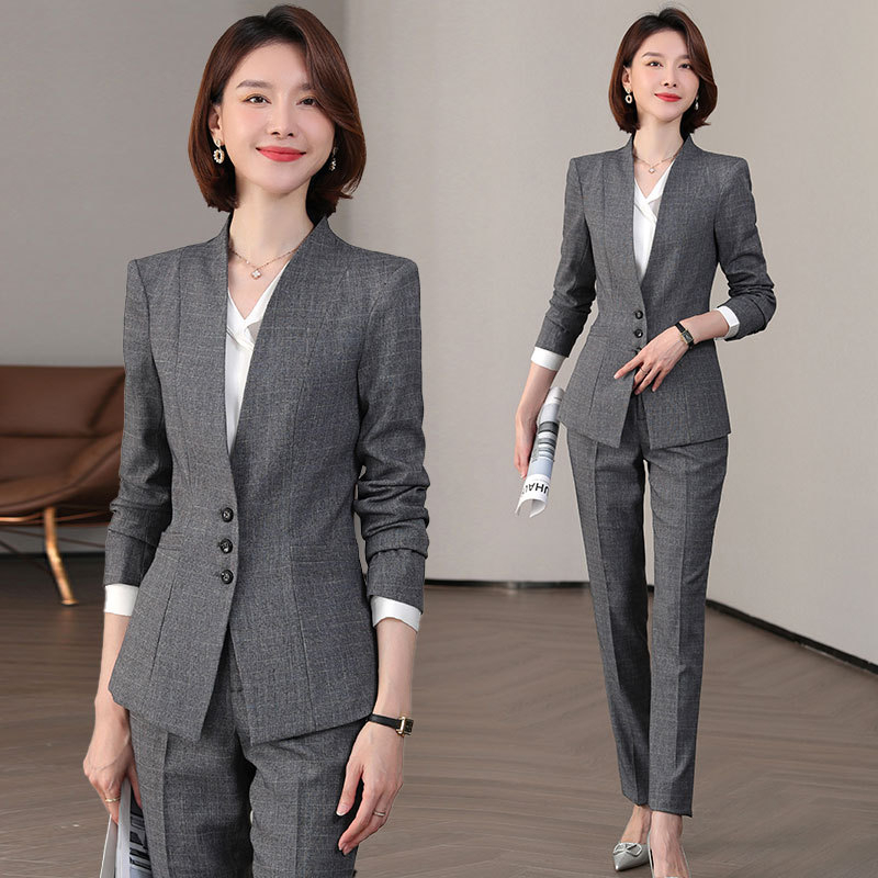 8955 สีเทาชุดสูทมืออาชีพผู้หญิงฤดูใบไม้ร่วงฤดูหนาว High-End แฟชั่น Manager เสื้อผ้าทํางานเสื้อผ้าอย่างเป็นทางการอารมณ์ด้านหน้าชุดโต๊ะทํางาน Workwear