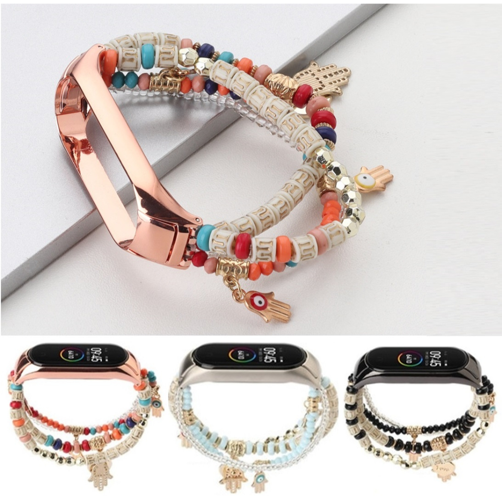 Bohemian Style Elastic Beads Watchband Compatible For mi band 9 สาย mi band 7 Strap / mi band 8 / mi