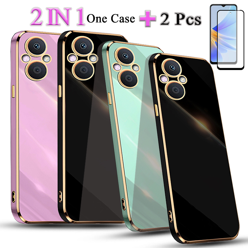 2 IN 1 OPPO Reno 7Z Reno 8Z Gold Edge Plating Case พร้อมกระจกนิรภัยโค้งเซรามิคปกป้องหน้าจอ