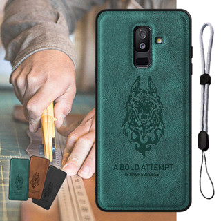 เคสหนัง ลายหมาป่า หรูหรา พร้อมเชือกคล้องโทรศัพท์ ปรับได้ สําหรับ Samsung A6 Plus