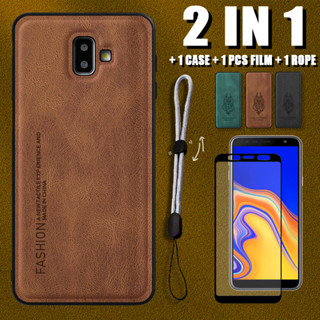 2 IN 1 เคสหนังหรูหรา สําหรับ Samsung J6 Plus J6 Prime พร้อมตัวป้องกันหน้าจอเซรามิค และเชือกปรับได้