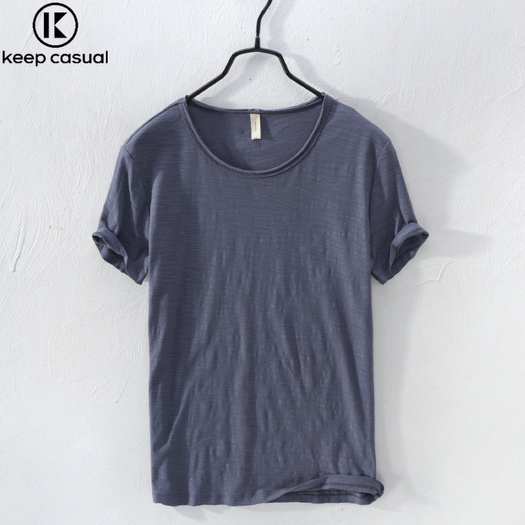 {เก็บ } Slub Cotton Basic Round Neck Short Sleeve T-Shirt Men Summer Thin Style Japanese Retro Solid Color All-Match Casual Bottoming Shirt