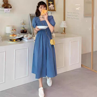 ชุดเดรสแขนสั้น คอสี่เหลี่ยม แขนพอง แบบเข้ารูป สีพื้น แฟชั่นฤดูร้อน สําหรับผู้หญิง