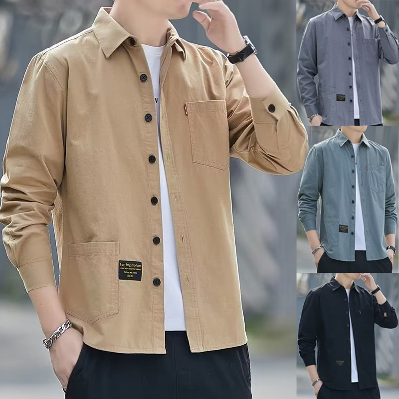 เสื้อเชิ้ตแขนยาวลําลอง ทรงหลวม แฟชั่นสไตล์เกาหลี ขนาดใหญ่ เสื้อเชิ้ตคอปกแขนยาว สไตล์ย้อนยุค ชายหญิงใส่ได้