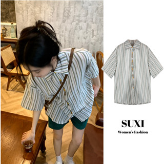 Suxi เสื้อเชิ้ตโปโล แขนสั้น ลายทาง ทรงหลวม เข้ากับทุกการแต่งกาย สไตล์วินเทจ แฟชั่นฤดูร้อน สําหรับผู้หญิง