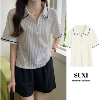 Suxi เสื้อโปโลแขนสั้น คอปก ทรงหลวม สีพื้น เข้ากับทุกการแต่งกาย แบบเรียบง่าย แฟชั่นฤดูร้อน สําหรับผู้หญิง