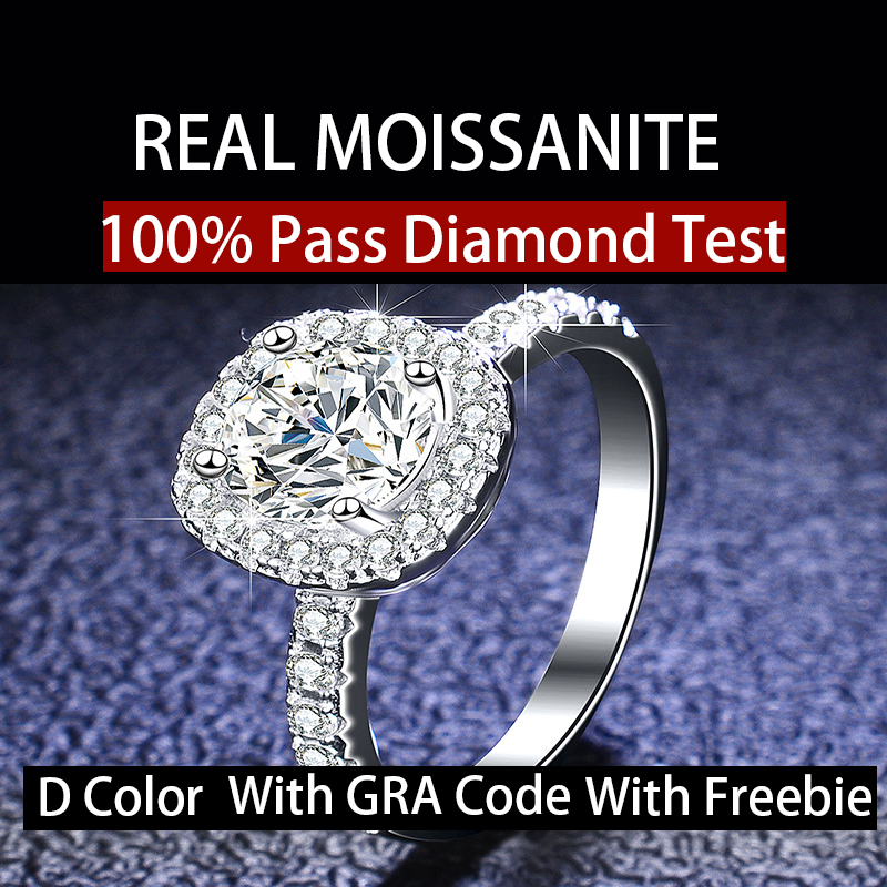 จริง Moissanite 0.5ct 1ct 2ct 3ct หรูหรารอบตัดสแควร์ Halo การตั้งค่าสีขาว D สีแหวน S925 เงินสเตอร์ลิงพร้อมการรับรอง GRA สามารถ Pass Test สําหรับหมั้น