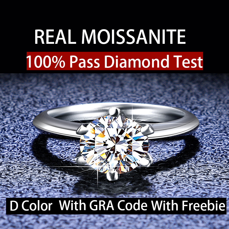 จริง Moissanite 0.5ct 1ct 2ct 3ct 5ct Ins สไตล์คลาสสิกหกตารอบตัดสีขาว D สีแหวน S925 เงิน GRA Certification สามารถ Pass Test สําหรับหมั้นงานแต่งงาน