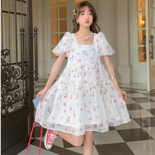 [สินค้าใหม่ในสต็อก] เดรสฤดูร้อนของผู้หญิง, กระโปรงลายดอกไม้คอเหลี่ยมแขนพัฟขนาดเล็กและสวยงาม, กระโปรงนมหวานนางฟ้าฝรั่งเศส, กระโปรงเจ้าหญิงพิมพ์น่ารัก, กระโปรงตุ๊กตาหลวม, กระโปรงตูตูทรงเอ