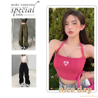 [TESN] วินเทจกระเป๋าคาร์โก้กางเกงขายาว Drawstring เอวสูง Street Wear ฮาราจูกุ Baggy กางเกงขากว้างผู้หญิง Y2k เวอร์ชั่นเกาหลีแฟชั่นผู้หญิงฤดูร้อนเซ็กซี่ Halter ถักชุดพราง