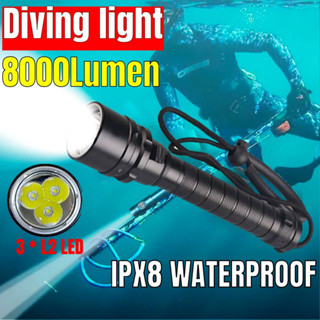 8000 Lumens ไฟฉายดําน้ํา มืออาชีพ สําหรับดําน้ํา ใต้น้ํา 100 เมตร ไฟฉาย LED ดําน้ํา