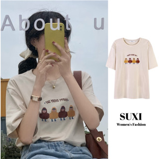 Suxi เสื้อยืดลําลอง แขนสั้น คอกลม พิมพ์ลาย ทรงหลวม เข้ากับทุกการแต่งกาย แฟชั่นฤดูร้อน สําหรับสตรี