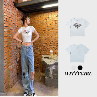 Witty- เสื้อครอปท็อป แขนสั้น คอกลม พิมพ์ลายการ์ตูน แนวสตรีท แฟชั่นฤดูร้อน สําหรับผู้หญิง